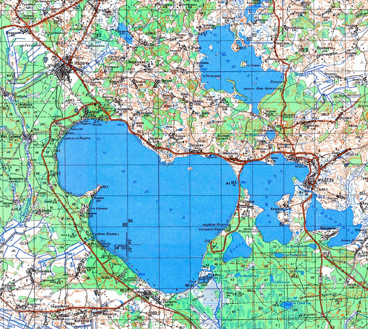 Карта Нарочи. Озеро Мядель. Озеро Белое. Озеро Россохи. Озеро Рудаково.  